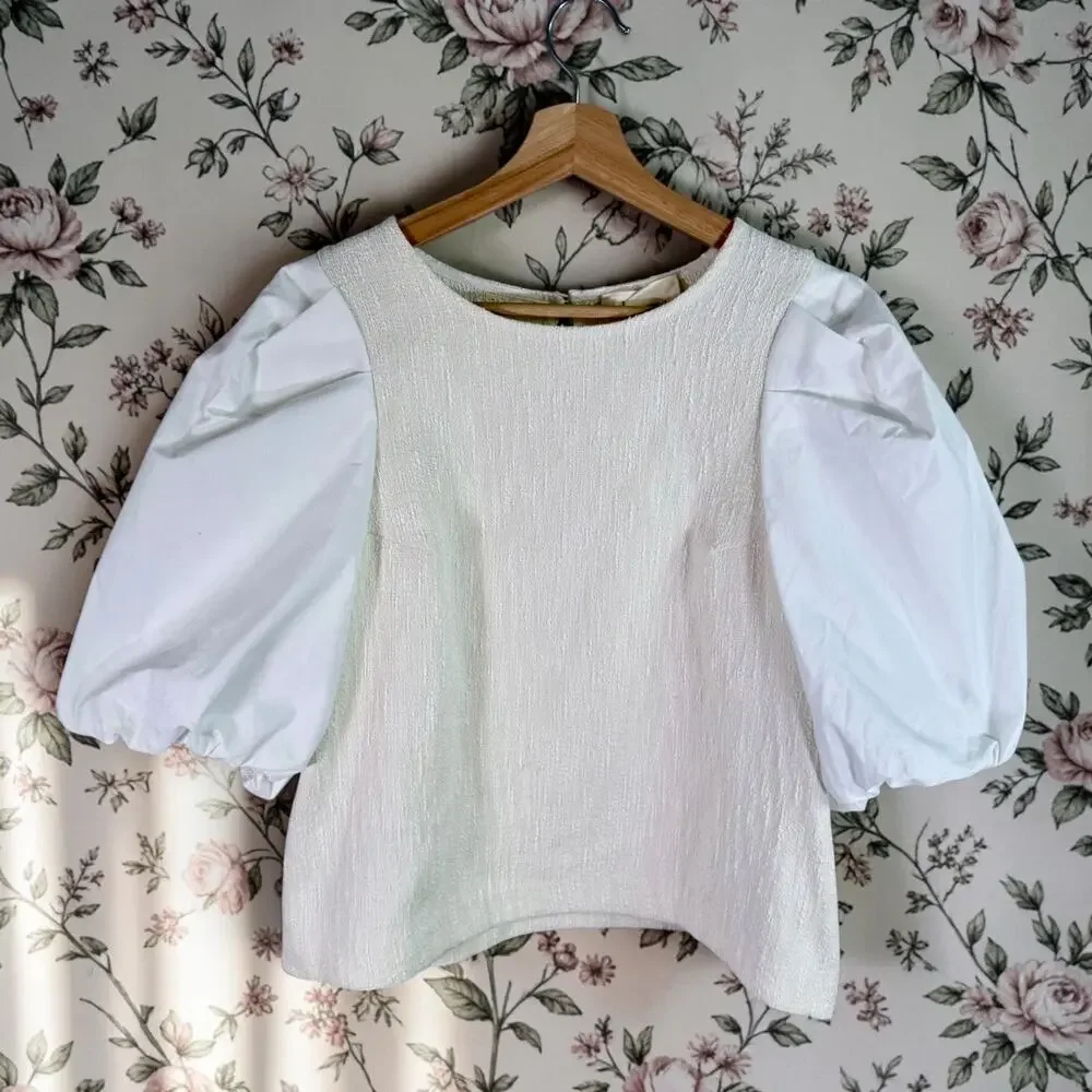By Anthropologie NWT (Flaw) Women's Petite Large White Cream Puff Sleeve Blouse